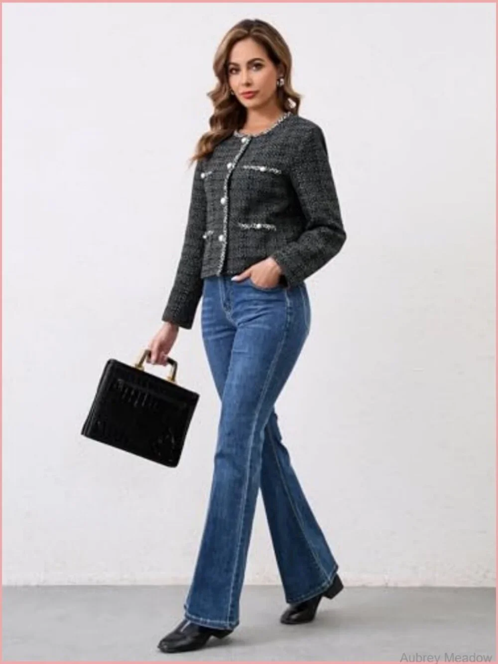 Cropped Tweed Blazer Jacket Long Sleeve with Pockets Crewneck Collarless Open